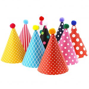 Decoraciones variadas para fiestas de cumpleaños infantiles - Gorros de cono con pompones y coronas